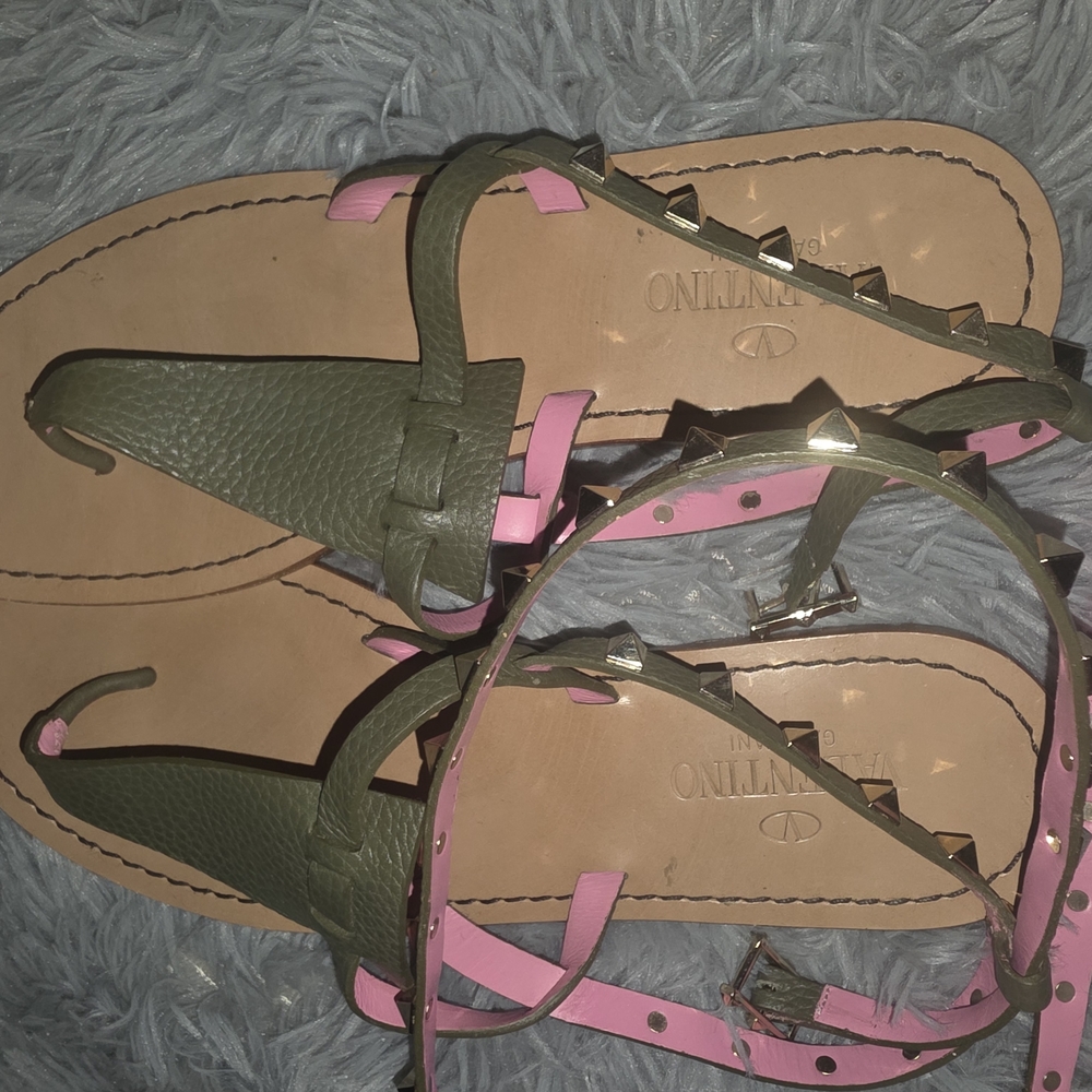Valentino Rockstud Ankle Wrap Gladiator Green and Pink Women's Sandals
